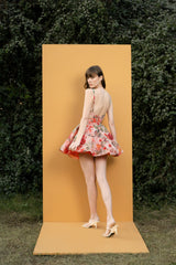 Dahlia bouquet printed cutout short dress