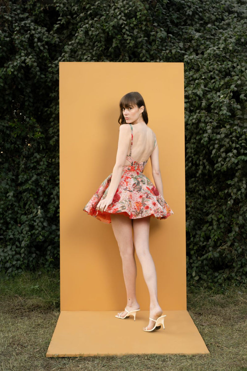 Dahlia bouquet printed cutout short dress