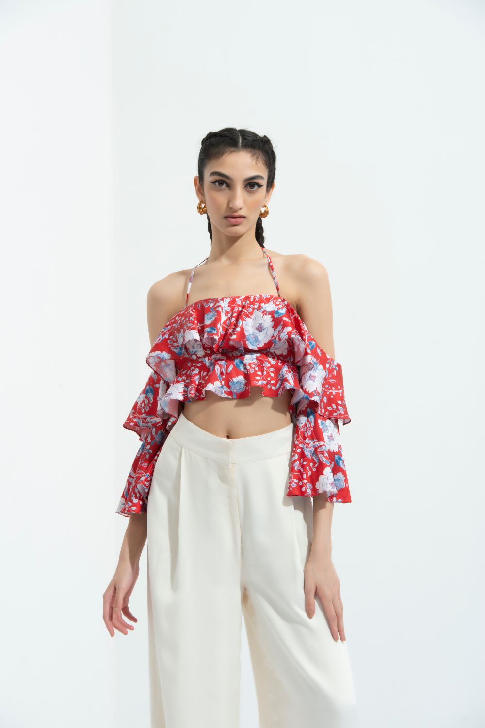 Ajisia Printed Cold Shoulder Top Paired With Ivory Trouser