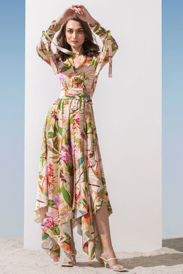 Satin multi green printed dress