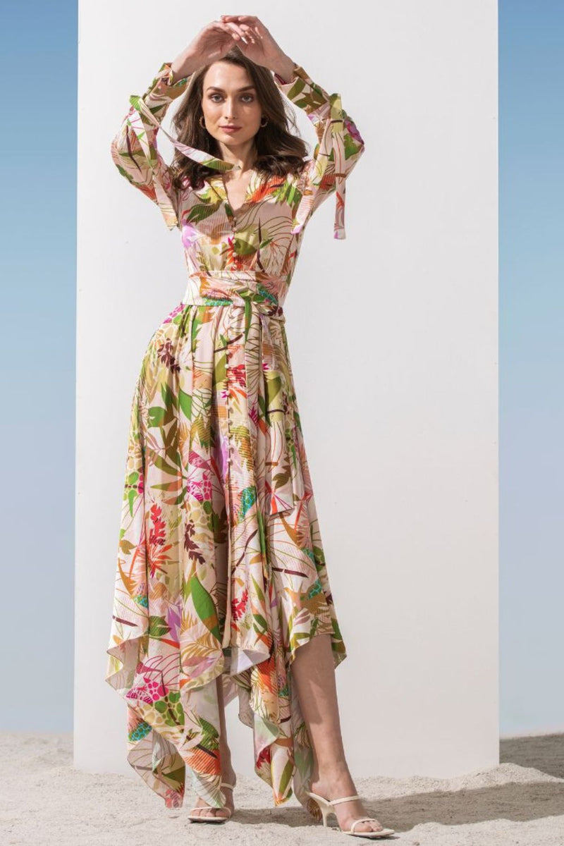 Satin multi green printed dress