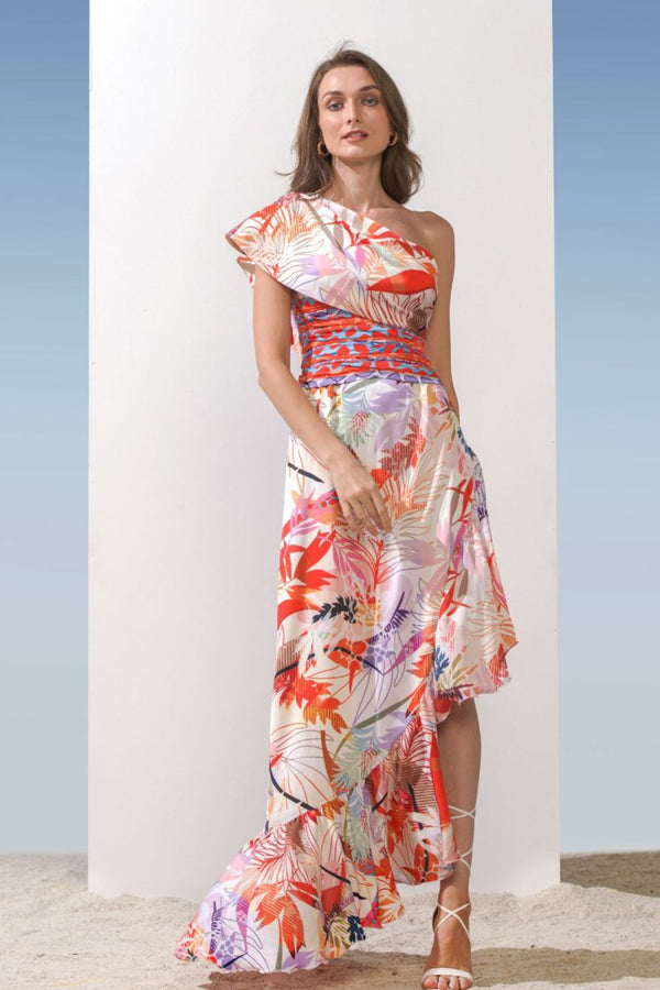 Satin Orange Multi Printed One Shoulder Dress