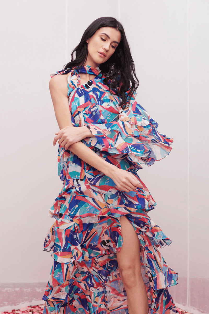 Blue one shoulder layered maxi dress