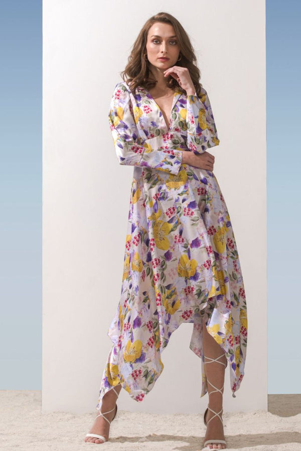 Satin Yellow Multi Printed Asymmetric Dress