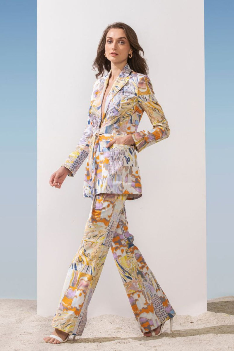 Satin yellow printed jacket set