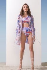 Spandex Blue Multi Printed Bodysuit With Cape