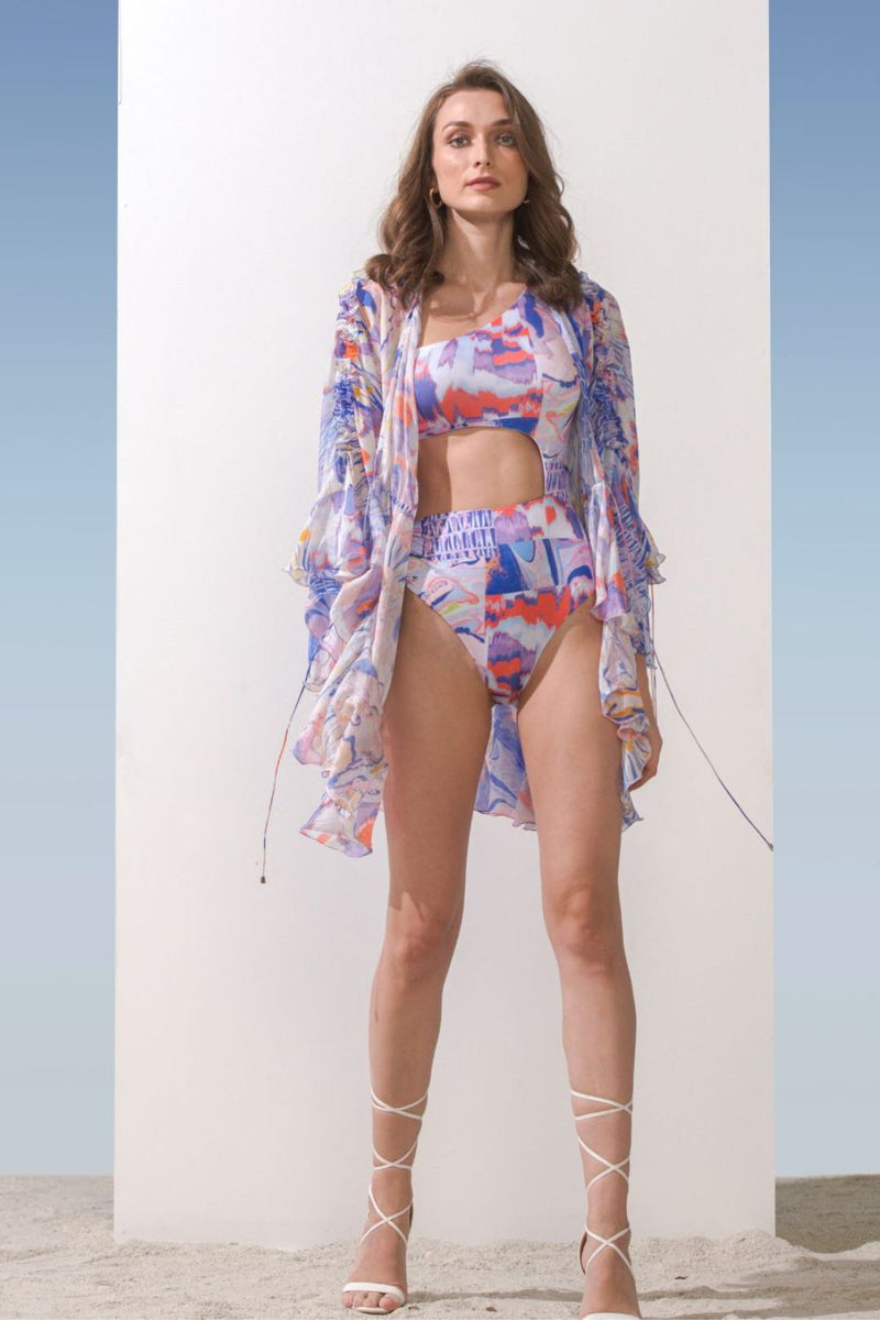 Spandex Blue Multi Printed Bodysuit With Cape