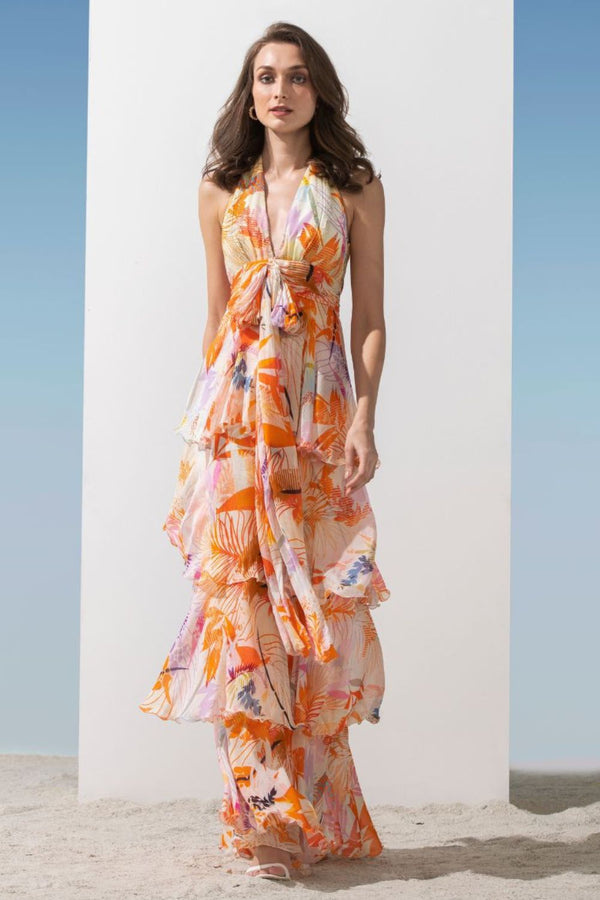 Chiffon orange printed halter tiered dress