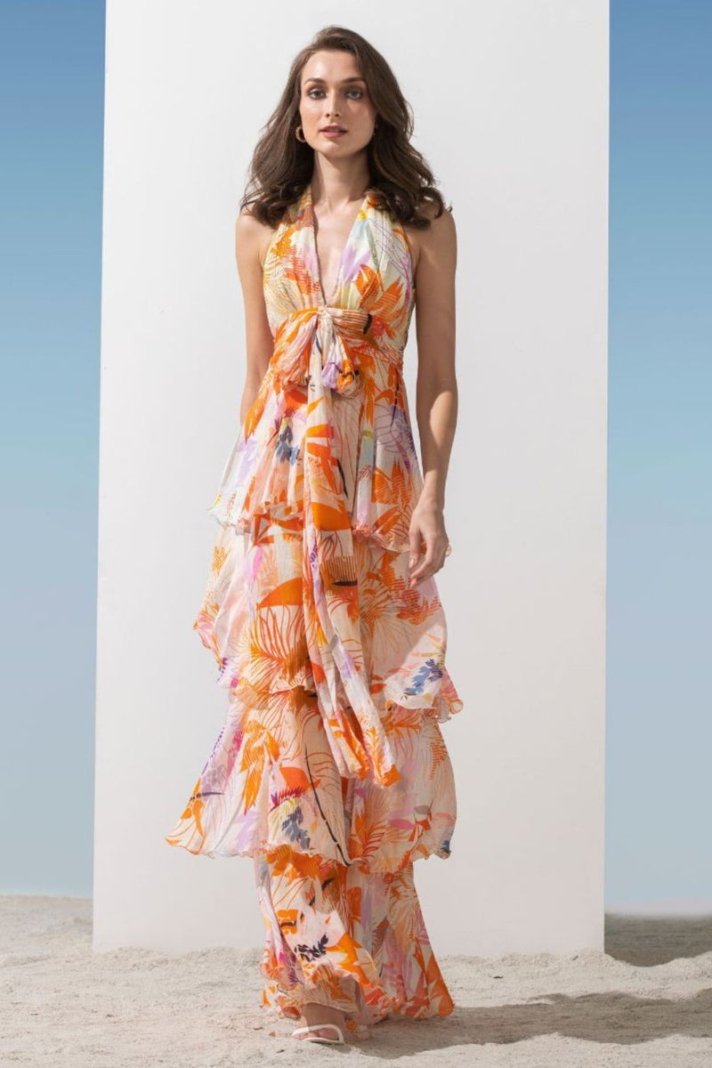 Chiffon orange printed halter tiered dress