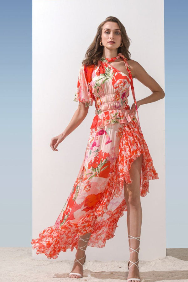 Chiffon Coral Printed Frill Dress