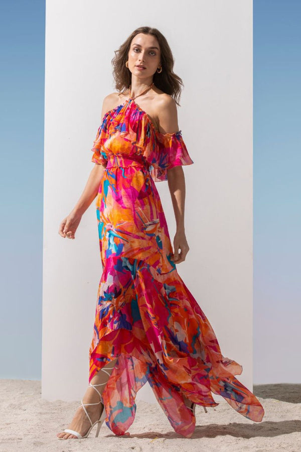 Chiffon Pink Multi Printed Asymmetric Dress