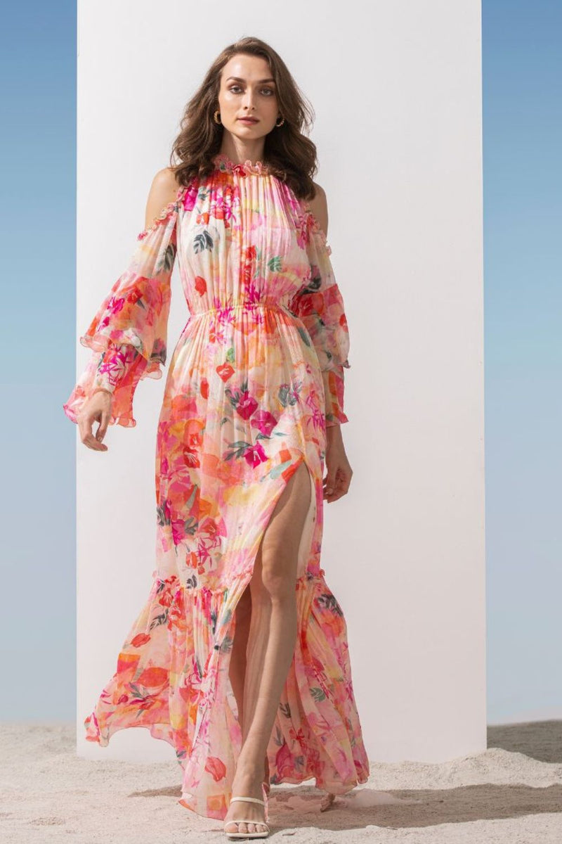 Pink cold shoulder maxi dress