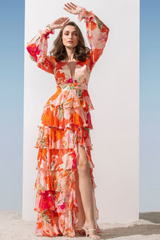Chiffon coral printed tiered dress