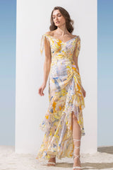 Chiffon Yellow Mutli Printed Tie Shoulder Dress