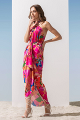 Satin multi pink printed halter dress
