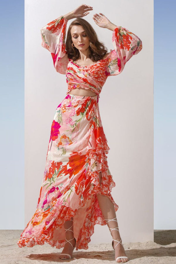Chiiffon coral printed layered dress