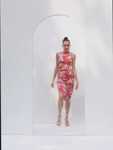 Pink velvet printed short dress