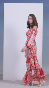 Chiiffon coral printed layered dress