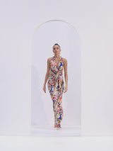 Abstract printed draped halter neck dress