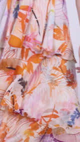 Chiffon orange printed halter tiered dress