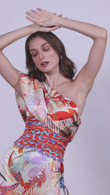 Satin Orange Multi Printed One Shoulder Dress